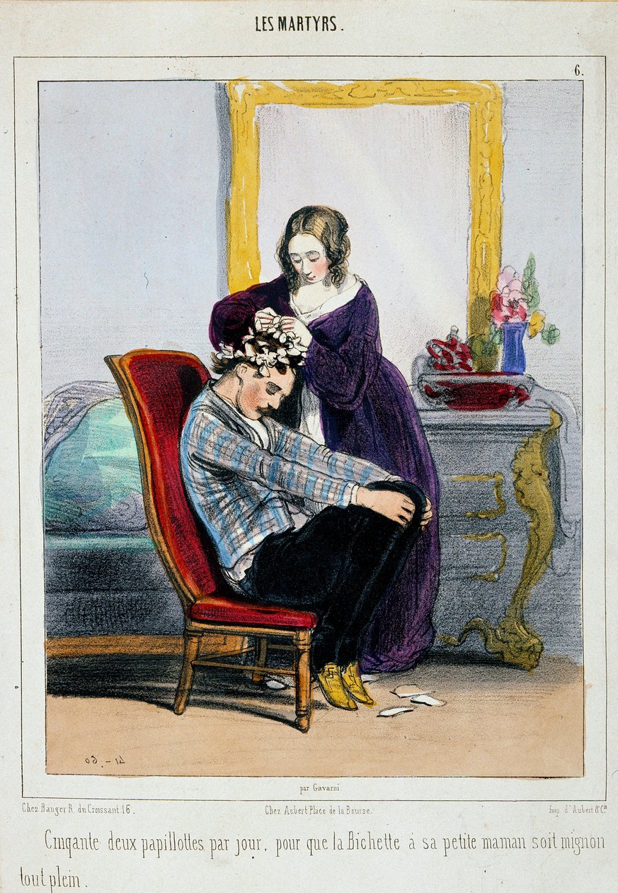 En mor sætter curlers på sin søn. Tegneserie af Paul Gavarni (1804-1866) Paris fra det 19. århundrede, dekorativ kunst af Paul Gavarni