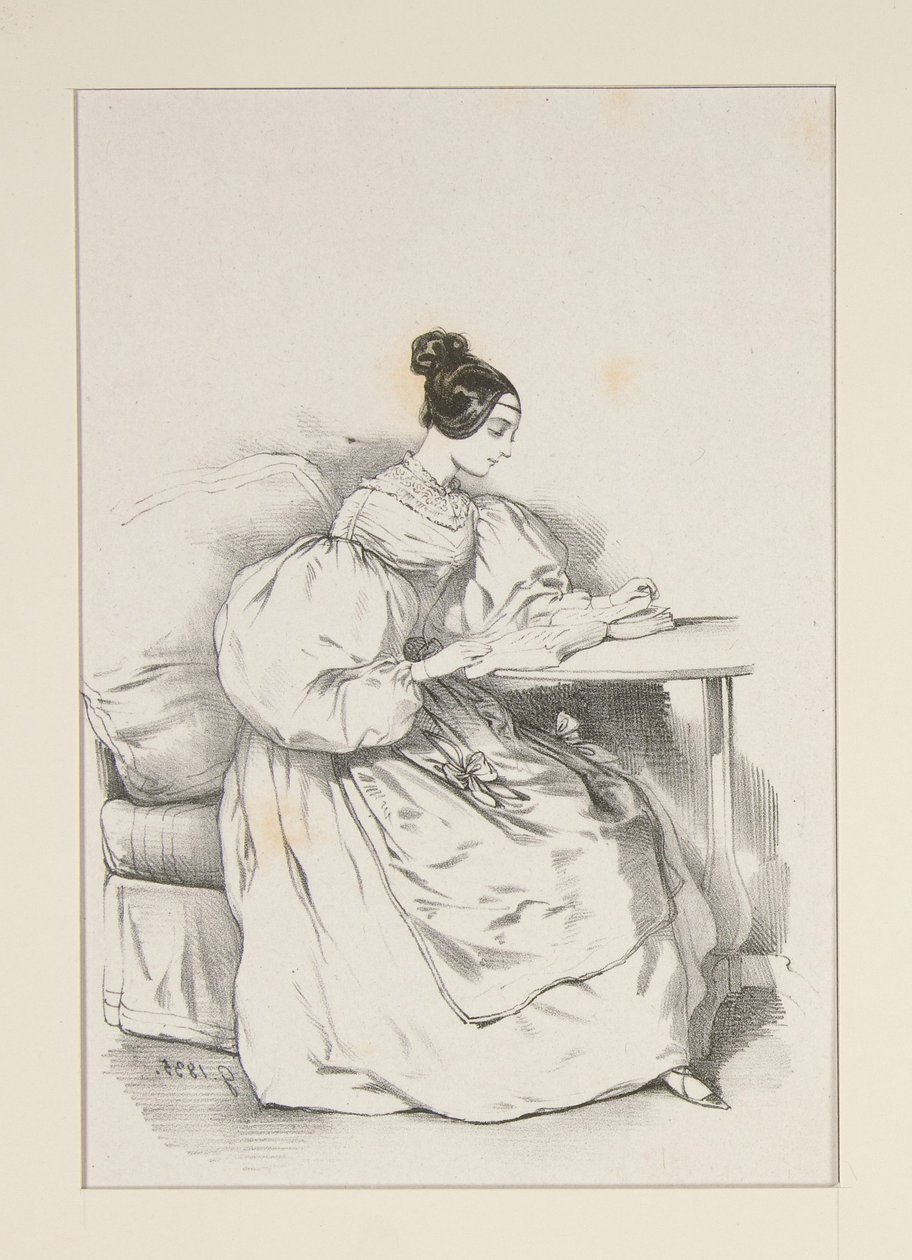 HJEMME. (September 1835) Kjole i skotsk batist,... af Paul Gavarni