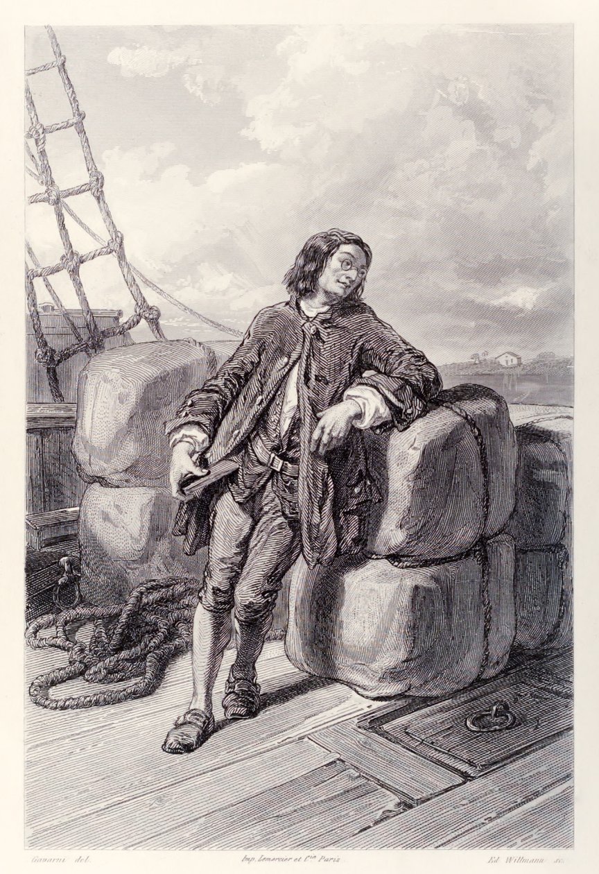 Kaptajn Lemuel Gulliver til søs på sit handelsskib, fra den franske udgave af Gullivers Travels af Jonathan Swift af Paul Gavarni