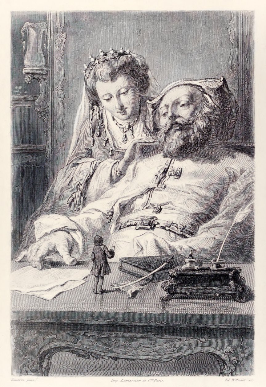 Frontispice fra den franske udgave af Gullivers Travels af Jonathan SwiftJeg besvarede Kings spørgsmål korrekt Gulliver og kongen og dronningen af Brobdingnag. af Paul Gavarni