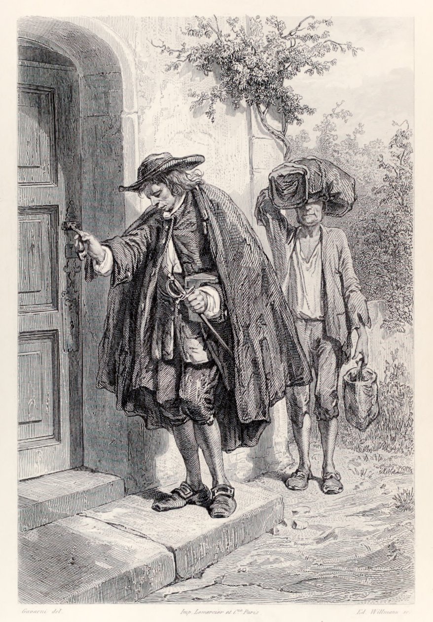 Gulliver ankommer hjem klokken tre om eftermiddagen og træder ind i huset, fra den franske udgave af Gullivers Travels af Jonathan Swift af Paul Gavarni
