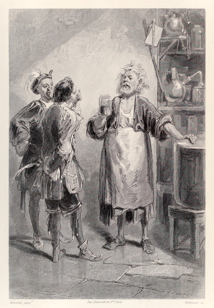 Gulliver træder ind i et rum i det store akademi i Lagado, der er fyldt med en frastødende lugt, fra den franske udgave af Gullivers Travels af Jonathan Swift af Paul Gavarni