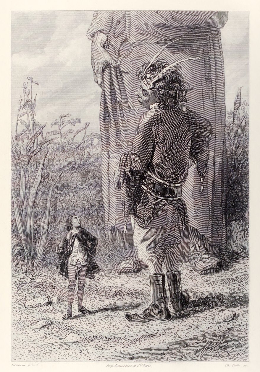 Gulliver møder Queens 30 fod høje dværg, der er glad for at have en i retten, der er mindre end ham at plage, fra den franske udgave af Gullivers Travels af Jonathan Swift af Paul Gavarni