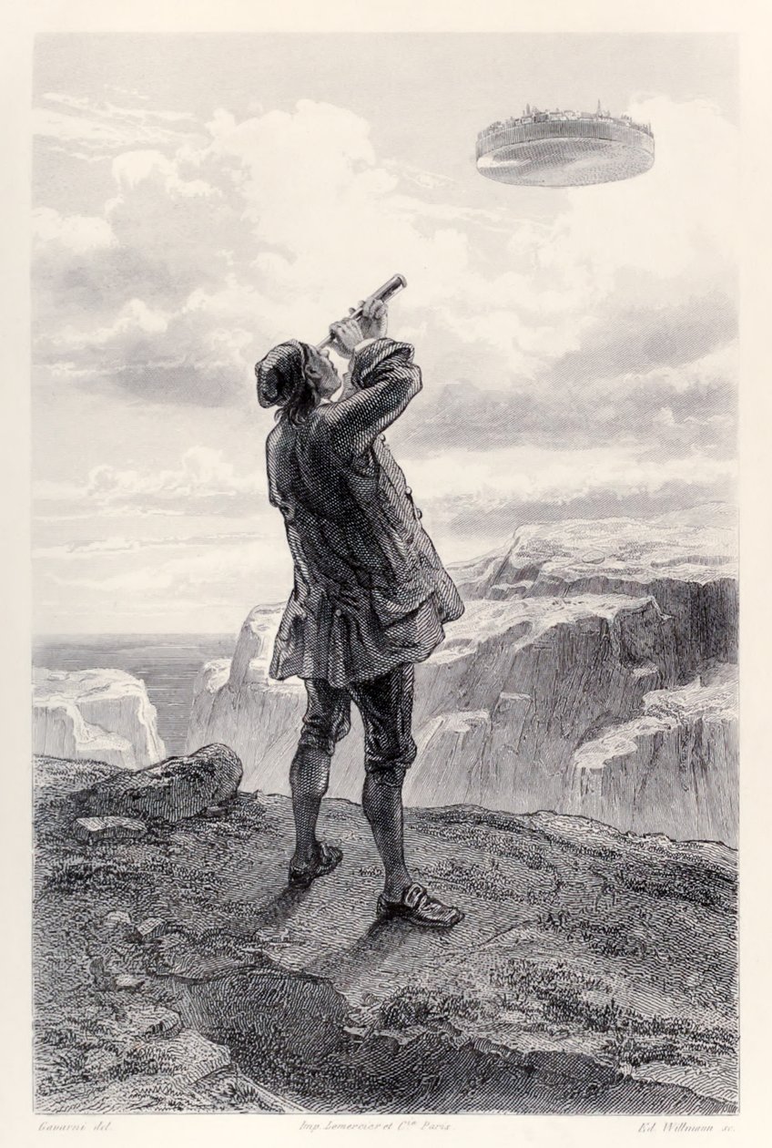 Gulliver ser den flyvende ø Laputa for første gang og undersøger den gennem sit teleskop, fra den franske udgave af Gullivers Travels af Jonathan Swift af Paul Gavarni