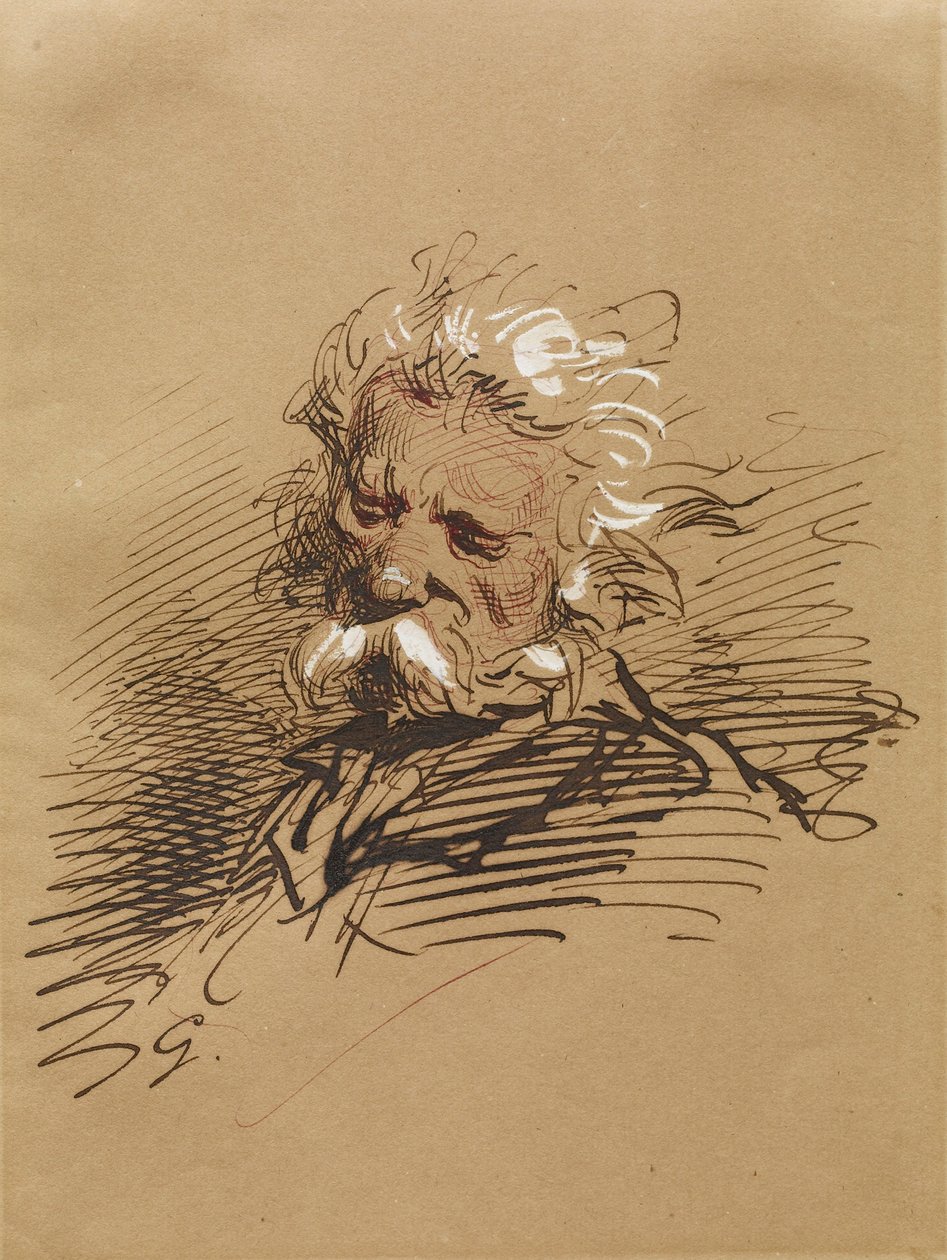 Head of an Old Man, ca. 1857 (blæk forhøjet med hvidt på papir) af Paul Gavarni