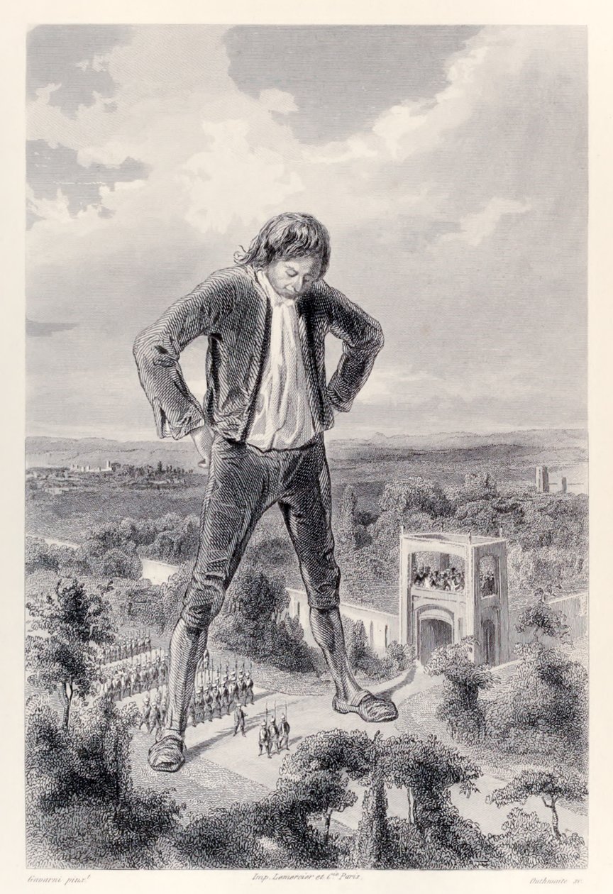 Den Lilliputianske hær marcherer mellem benene på Gulliver, fra den franske udgave af Gullivers Travels af Jonathan Swift af Paul Gavarni