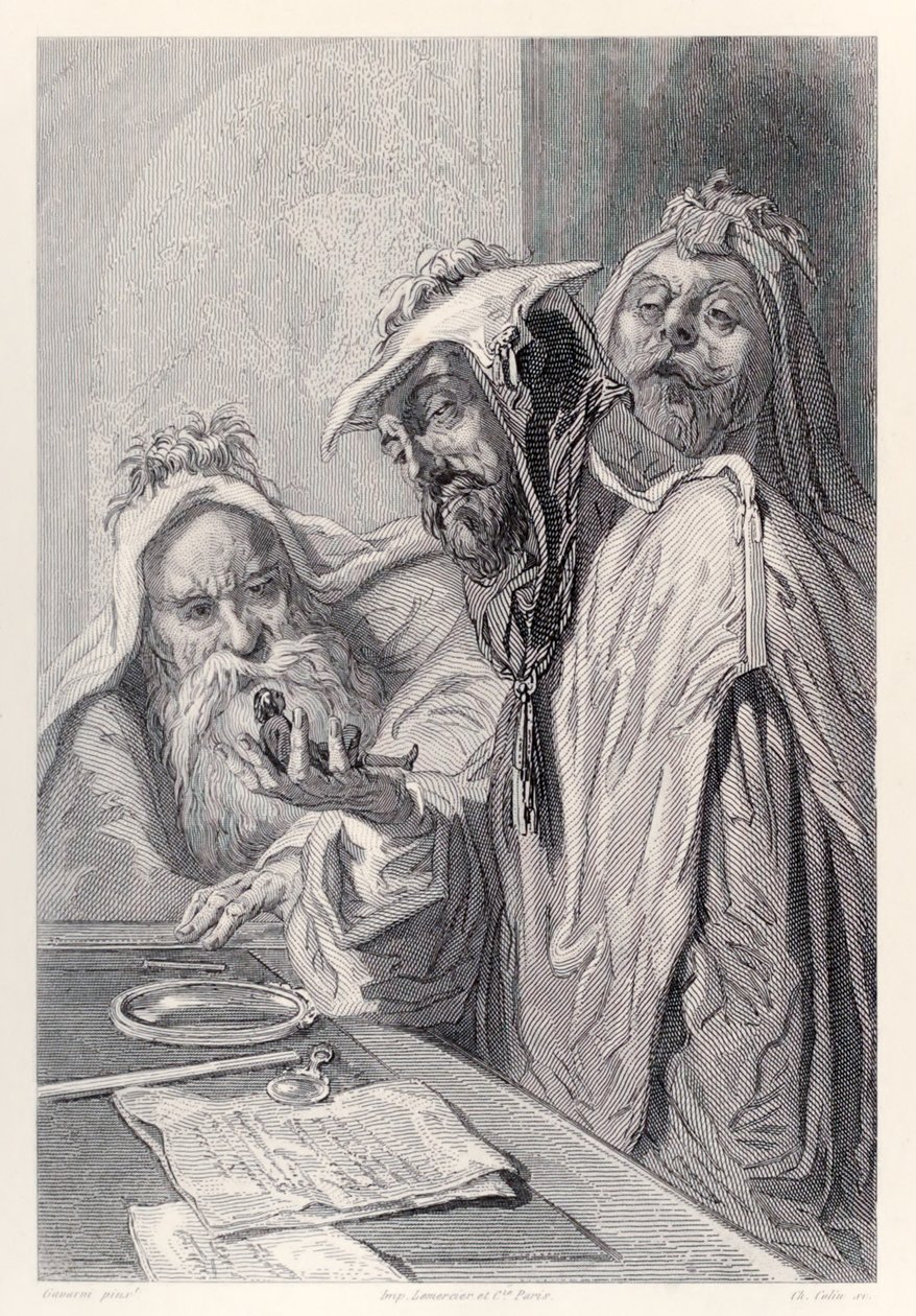 Forskerne fra Lordbruldrud undersøger Gulliverf fra den franske udgave af Gullivers Travels af Jonathan Swift af Paul Gavarni