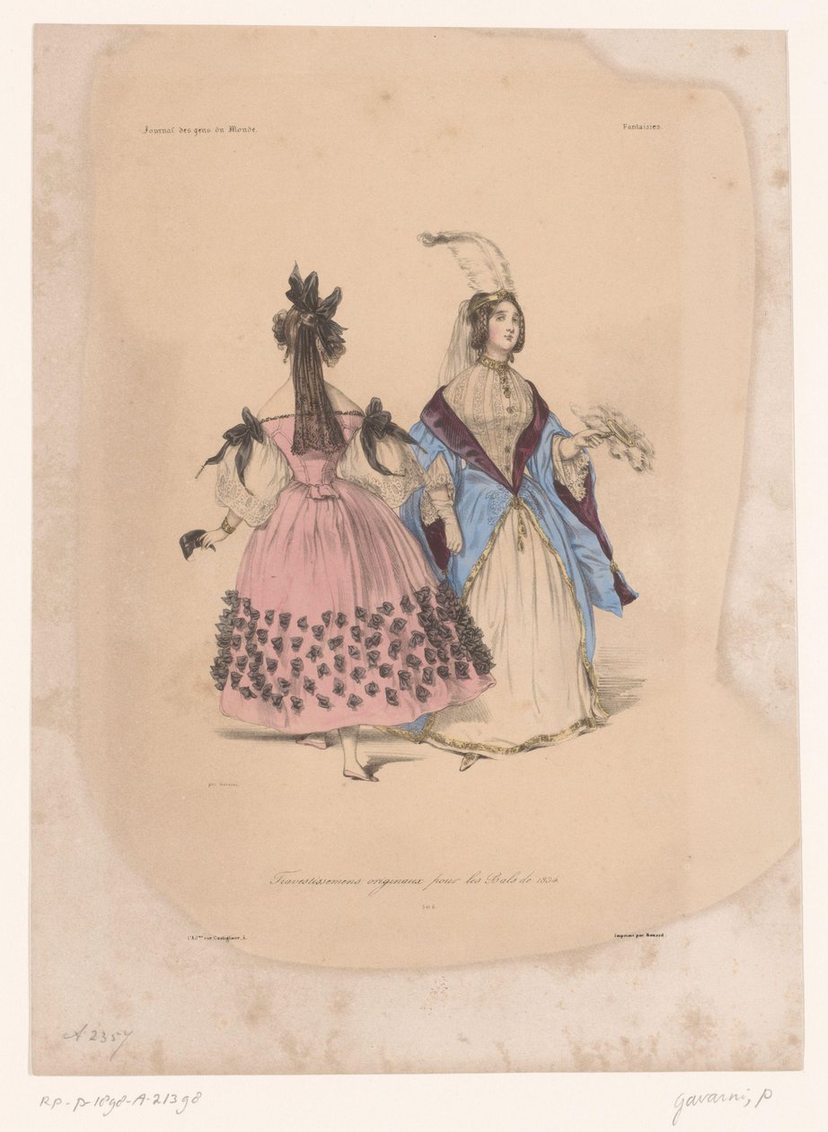To kvinder i balkjoler Transvestissemens originaux pour les Bals de 1834 (titel på objekt) Fantasifuldt tøj (serietitel) Fantaisies (serietitel på objekt) af Paul Gavarni