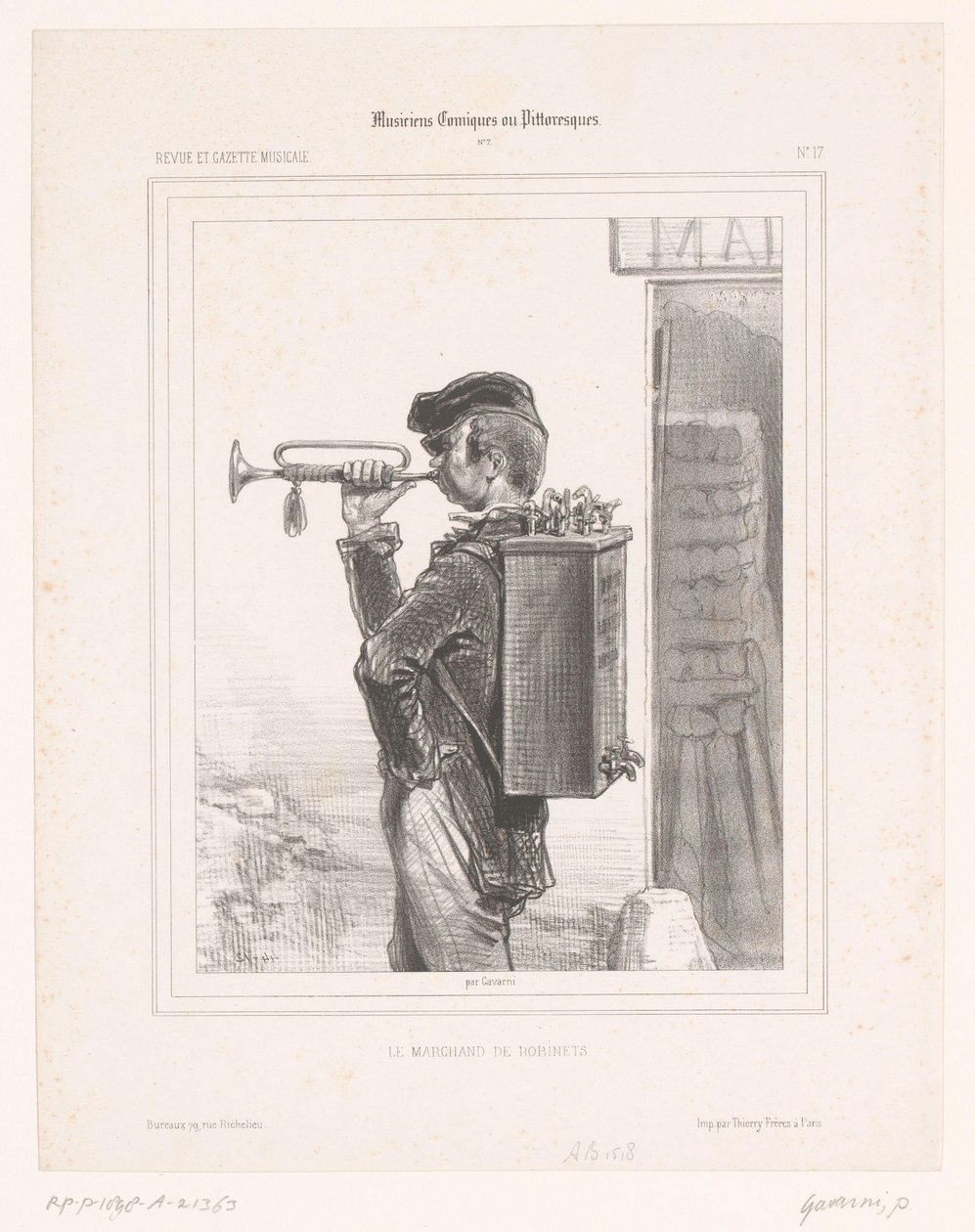 Sælger af haner spiller trompet Le marchand de robinets (titel på objekt) Komiske musikere (serietitel) Musicians Comiques ou Pittoresques (serietitel på objekt) af Paul Gavarni