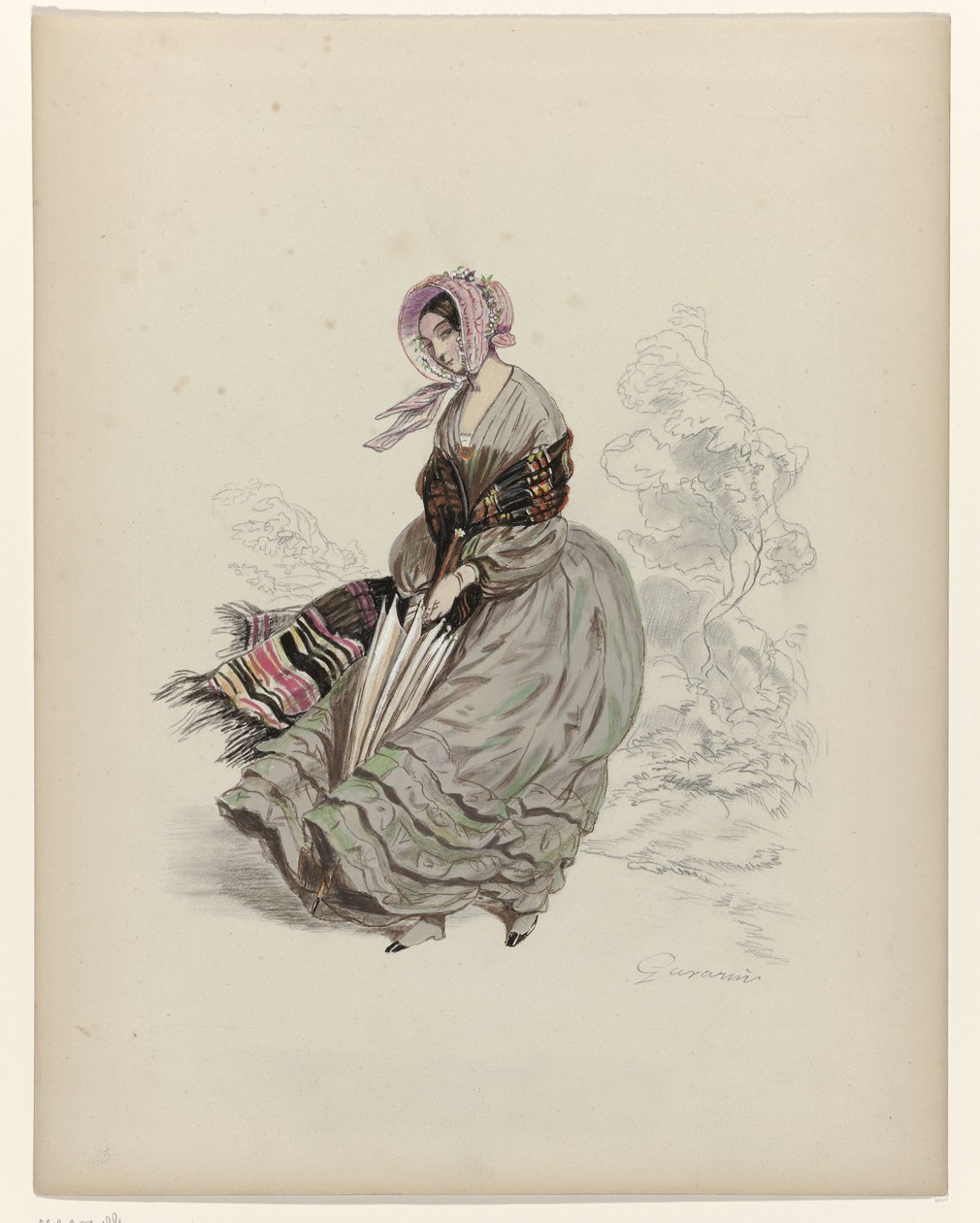 Kvinde, der går i vinden med parasol, 1840 af Paul Gavarni
