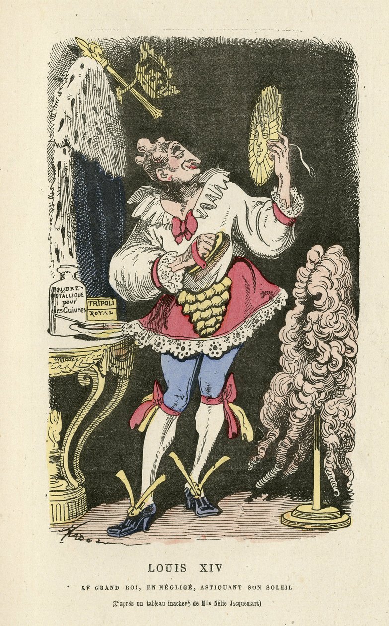 Illustration af Hadol (1835-1875) i Histoire de France tintamarresque, ca. 1880 - Makeup, Gammelt regime, Sol, paryk - Ludvig XIV af Paul Hadol