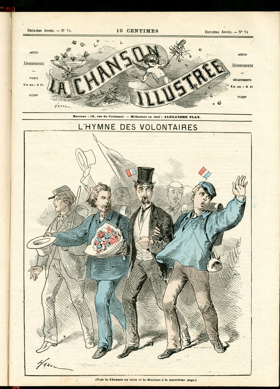 La Chanson illustrée (magasin), nummer 74, Satirical in Color, ca. 1870: De frivilliges hymne - Krig 1870-1871, Patriotisme - Illustration af Hadol (1835-1875) af Paul Hadol