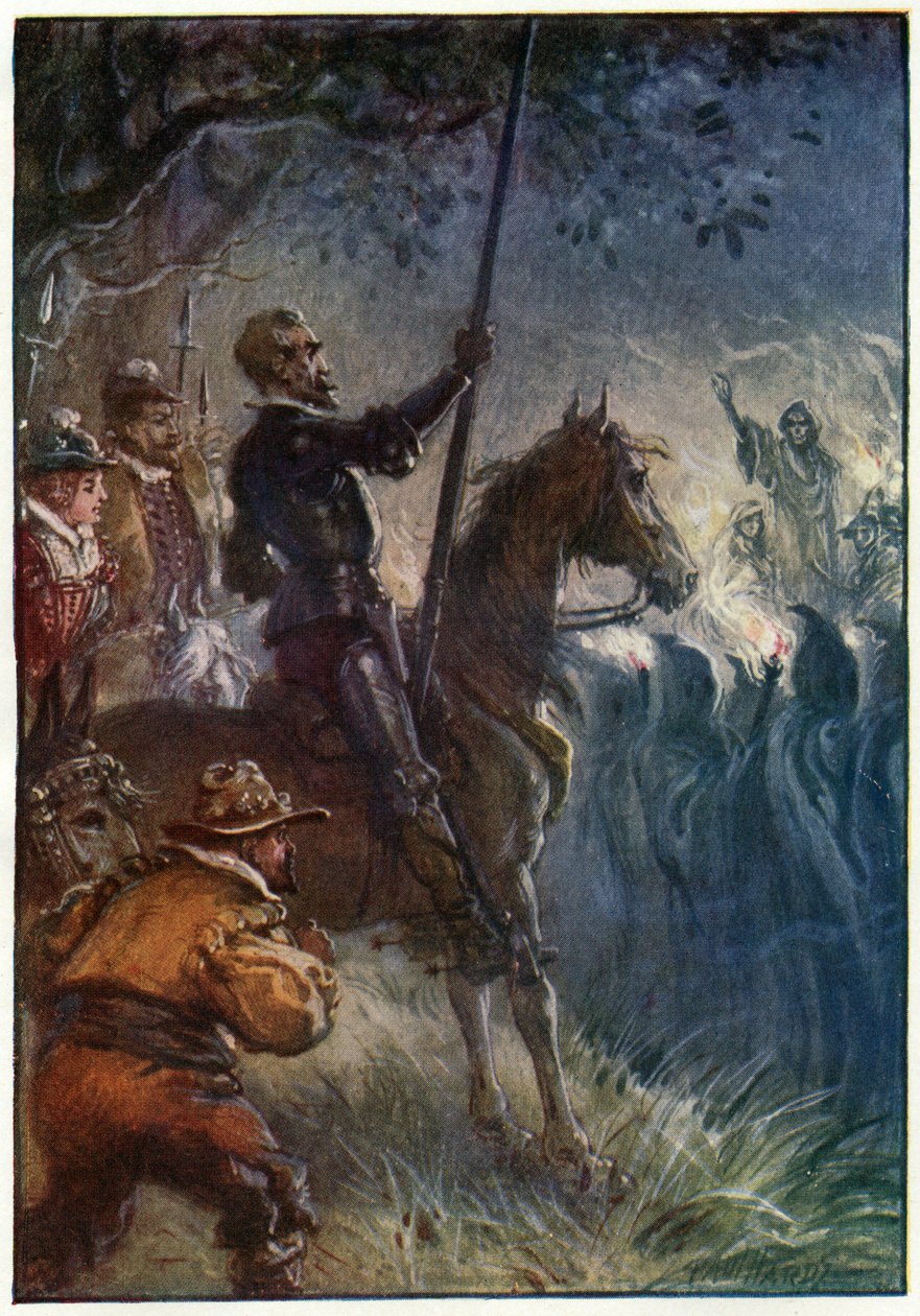 Så rejste figuren i kjolen sig op, illustration fra "The Adventures of Don Quixote", udgivet af G. Bell und Sons, Ltd., 1911 af Paul Hardy