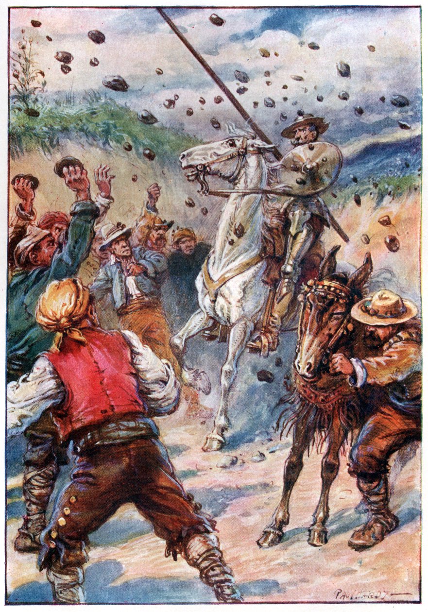 De kastede en byge af sten på Don Quixote, illustration fra 