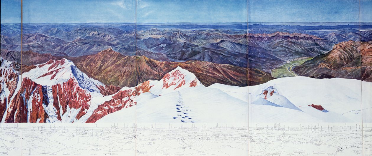 Panoramaudsigt over toppen af Pelvoux (sommet du Pelvoux) i Massif des Ecrins, franske alper (fotogravure) (se også 404290) af Paul Helbronner