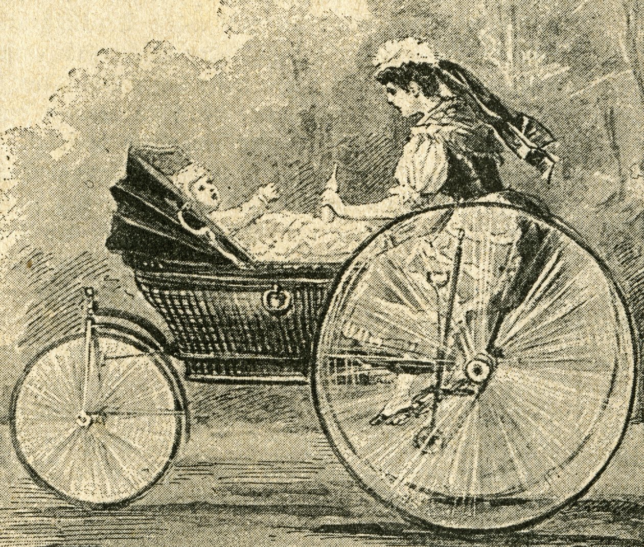 Kinder-Waerterin "" (barnepige) , illustration af Paul Heydel, en klapvogn går som en cykel, fra magasinet Ueber Land und Meer. tysk illustreret avis" af Paul Heydel