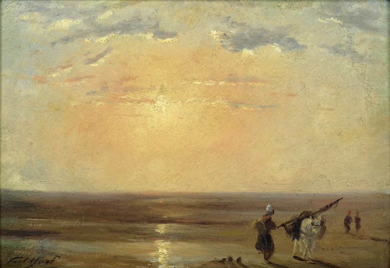 Stranden ved Trouville med nedgående sol af Paul Huet