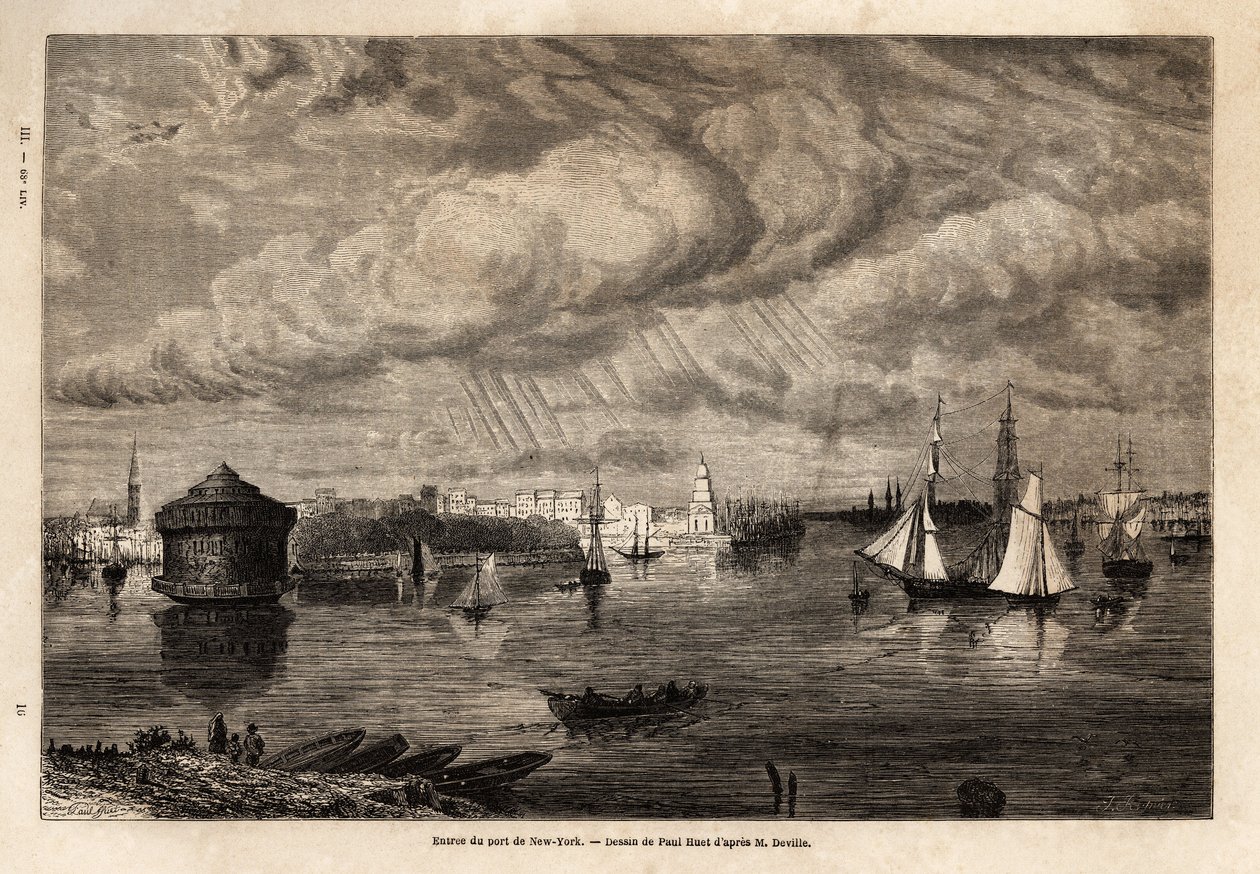 Indgangen til havnen i New York, tegning af Paul Huet (1803-1869), for at illustrere rejserne til Nordamerika i 1854-1855, af L. Deville. Stik i “” Le tour du monde”” 1861. Selvas samling. af Paul Huet