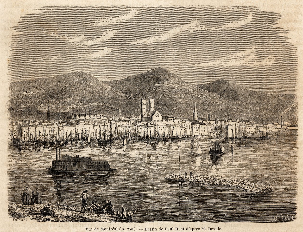 Udsigt over Montreal, tegning af Paul Huet (1803-1869), for at illustrere rejserne til Nordamerika i 1854-1855, af L. Deville. Stik i “” Le tour du monde”” 1861. Selvas samling. af Paul Huet