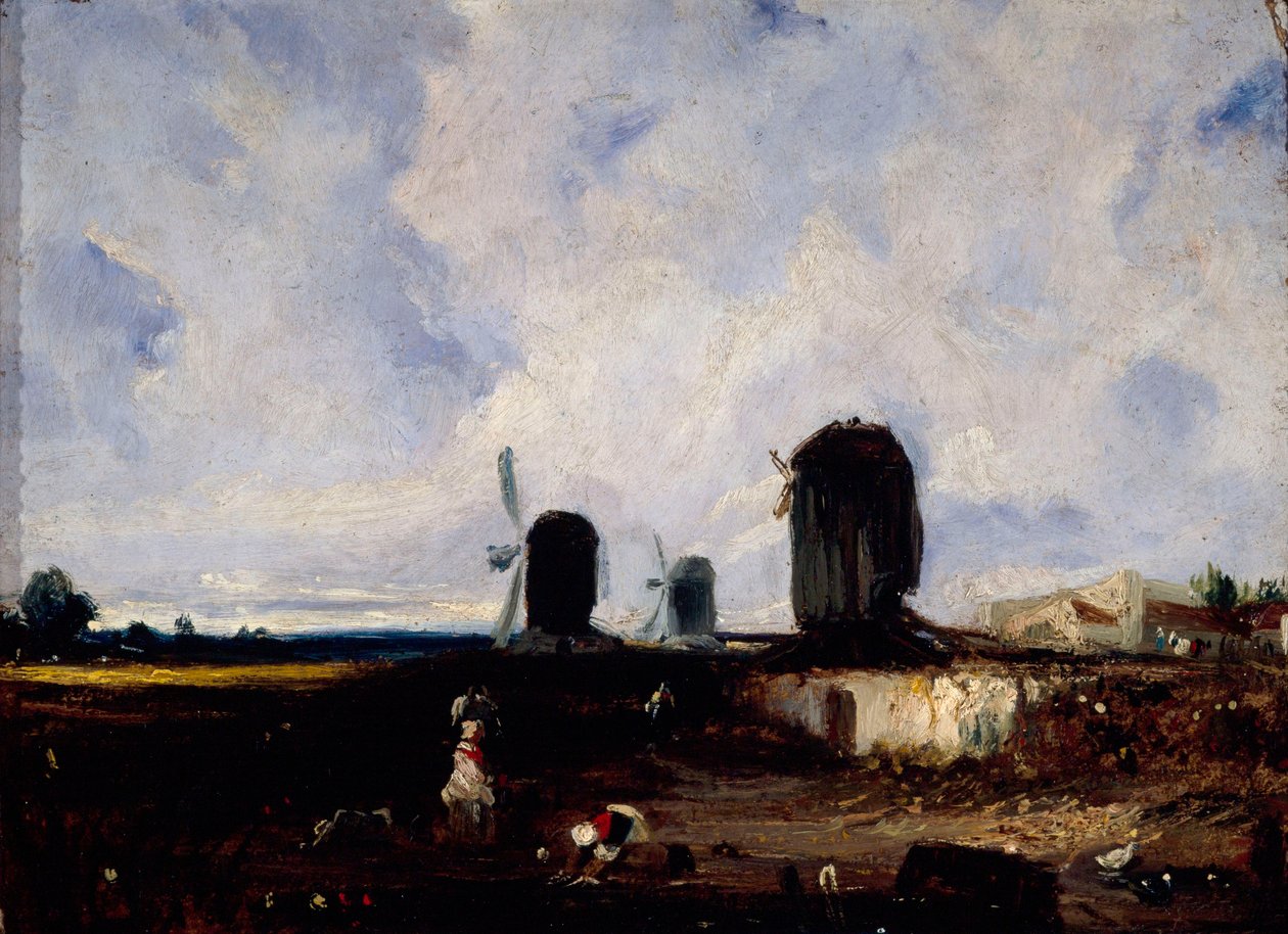 Vindmøller på sletterne i Montrouge, ca. 1820 (olie på lærred) af Paul Huet