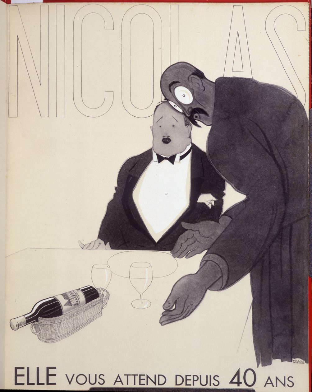 Hun har ventet på dig i 40 år. Tjeneren på en restaurant henvender sig til en kunde ved at designe en flaske vin. - Annonce for Nicolas, tegning af Paul Iribe (1883-1935) af Paul Iribe