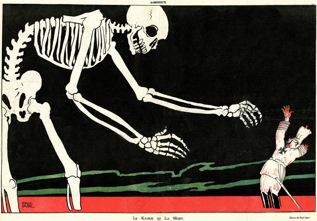 Kejseren og døden. Første Verdenskrig 1914-1918: Vilhelm II (1859-1941) i et hav af blod truet af et skelet. Tegneserie, der fremhæver den mekaniske og hånende tyske dumhed og understøtter dermed franskmændenes moral under krigen. Tegning af s af Paul Iribe