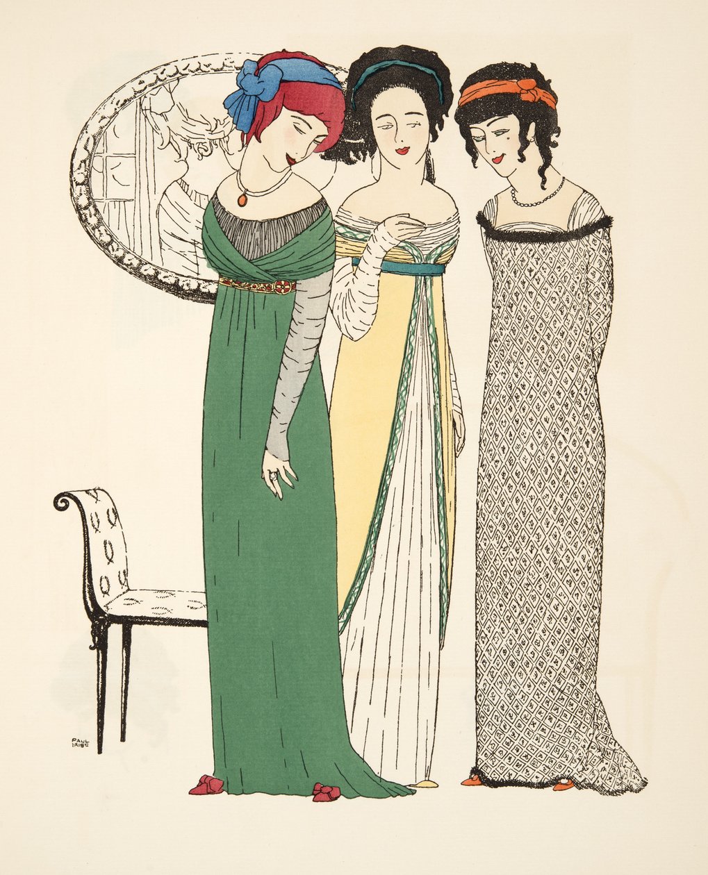 Tre aftenkjoler fra pubben Les Robes de Paul Poiret. 1908 (stenciltryk) af Paul Iribe
