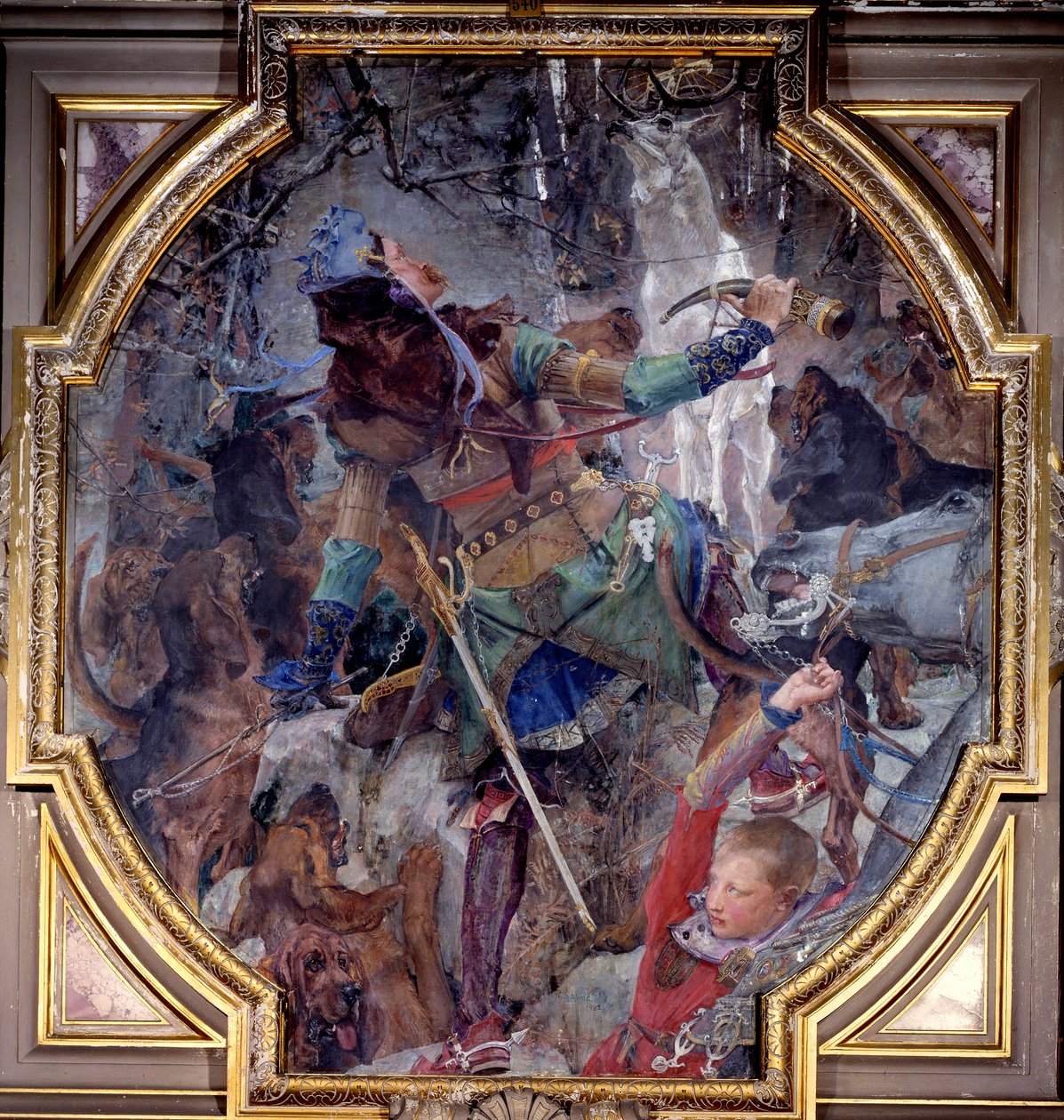 Synet af Sankt Hubert, der gik på jagt i en skov, ser på mirakuløst vis Gud dukke op i form af en hjort. Canvas marouflee af Paul Jacques Aime Baudry (1828-1886) 1882 Søn. 2,3x2,06 m Chantilly, Musee Conde af Paul Jacques Aimé Baudry