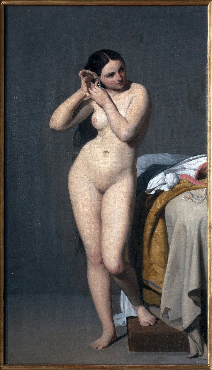 Naked har konsollen. Maleri af Paul Jourdy (1805-1856), olie på lærred. fransk kunst af Paul Jourdy