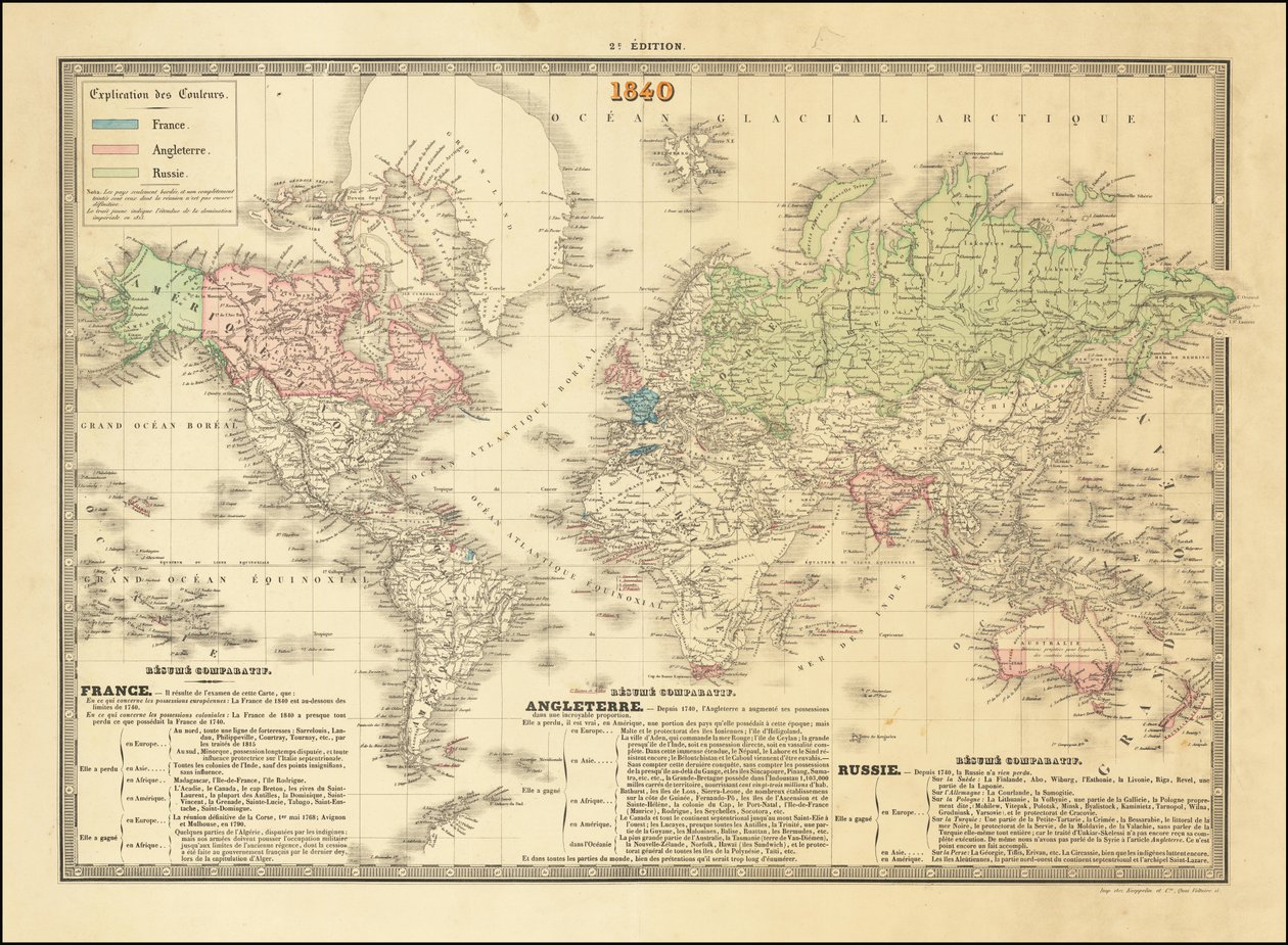 Fransk verdenskort fra 1840, der viser de britiske, franske og russiske imperiers territorier af Paul Kaeppelin