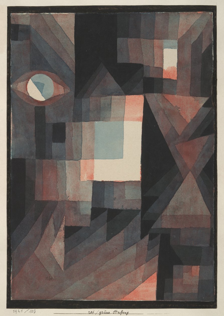 Abstrakt. Rød/grøn graduering med noget cinnibar i lodret format af Paul Klee