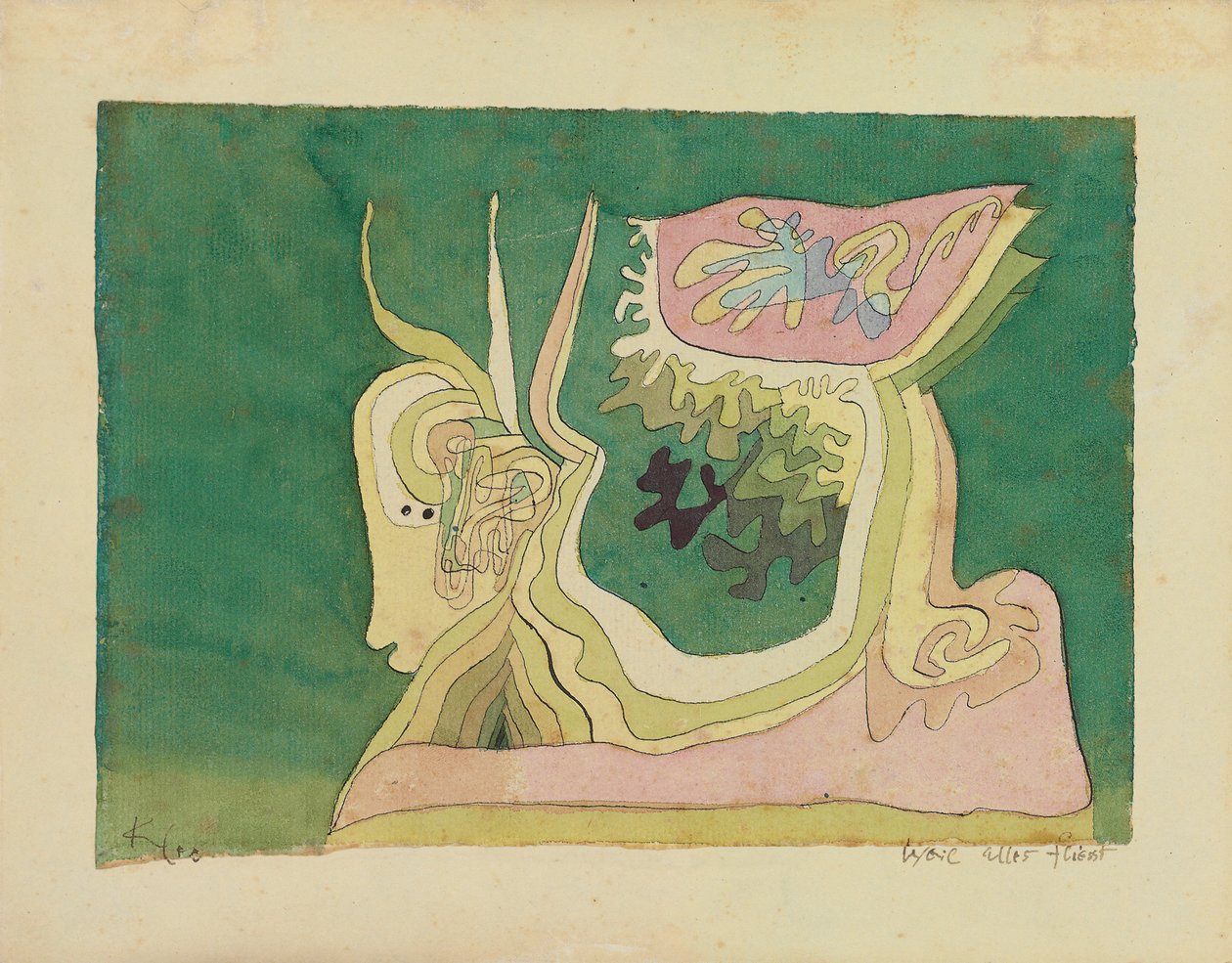 Fordi alt flyder; Weil Alles Fliesst, ca. 1929 (akvarel, pen og blæk på papir) af Paul Klee