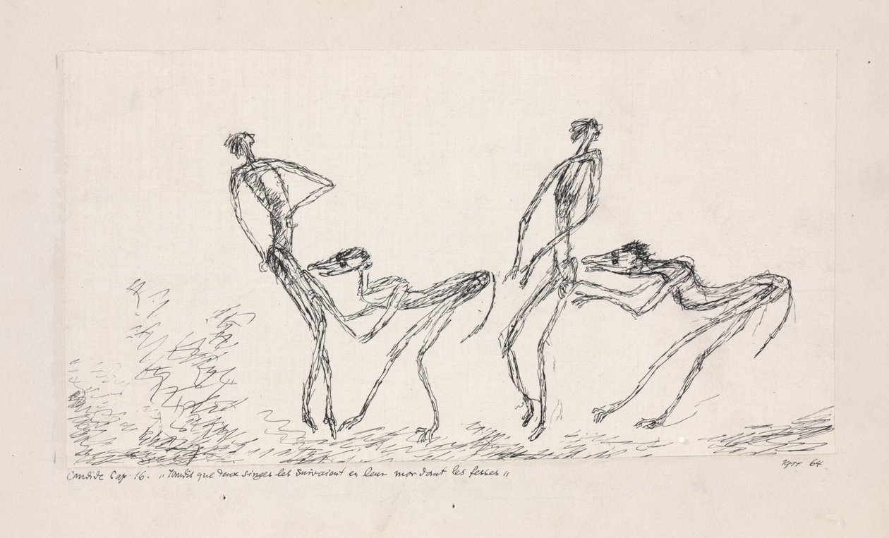 Candide, kapitel 16. Mens to aber fulgte efter dem og bed i balderne, 1911. af Paul Klee