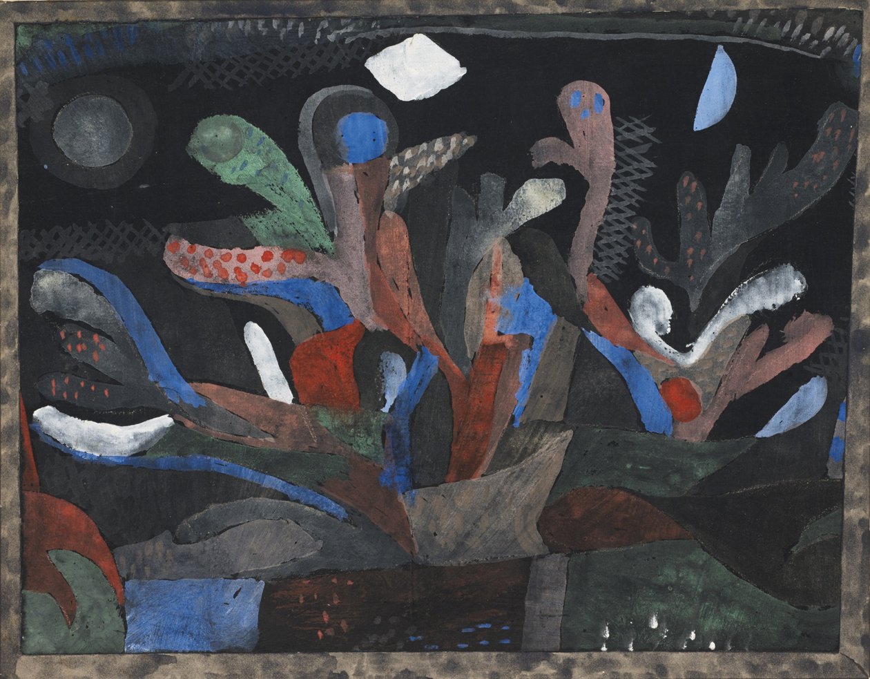 Billede af en have i mørke farver Dunkelbuntes Gartenbild, 1923 af Paul Klee