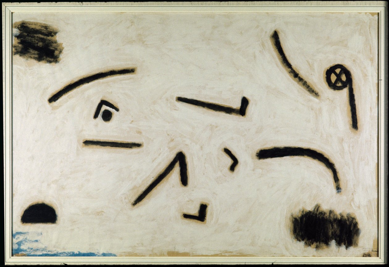 Uden titel (skilte på sort baggrund), C.1940 (farve og lim på papir) af Paul Klee