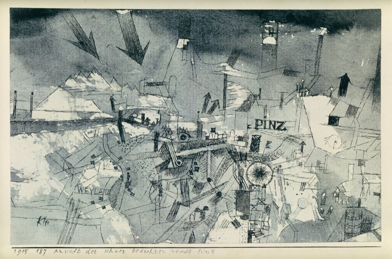 Udsigt over den alvorligt truede by Pintz af Paul Klee