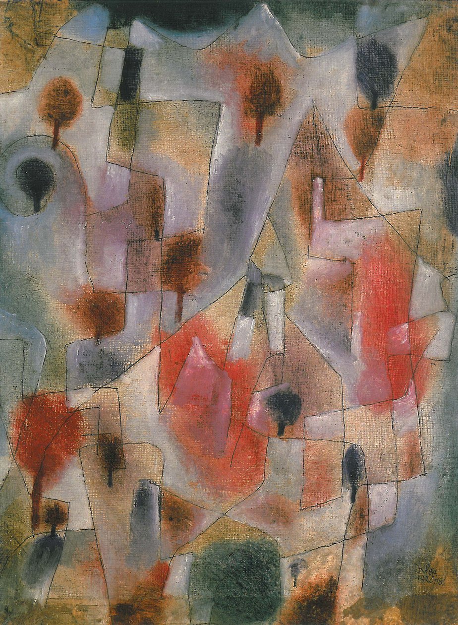 landskab med blå og røde træer, 1920. af Paul Klee