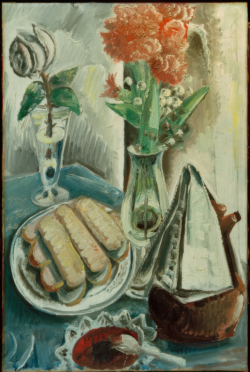 Stilleben med kaffekande, blomster og kager af Paul Kleinschmidt