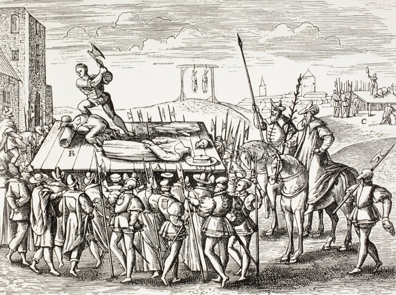 Propaganda fra det 16. århundrede, der illustrerer de straffe, som kong Henry Viii idømte engelske katolikker. af Paul Lacroix