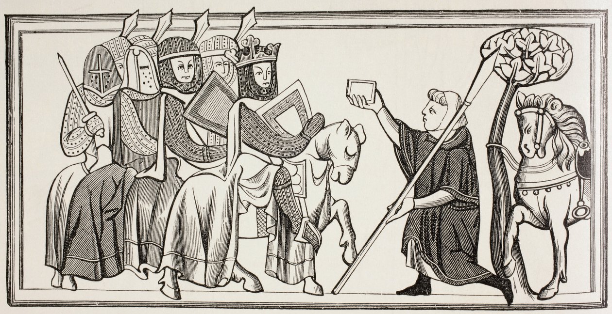En budbringer ankommer med en besked til en konge, der står i spidsen for sin hær. Efter en illustration i en Ms fra det 13. århundrede. af Paul Lacroix