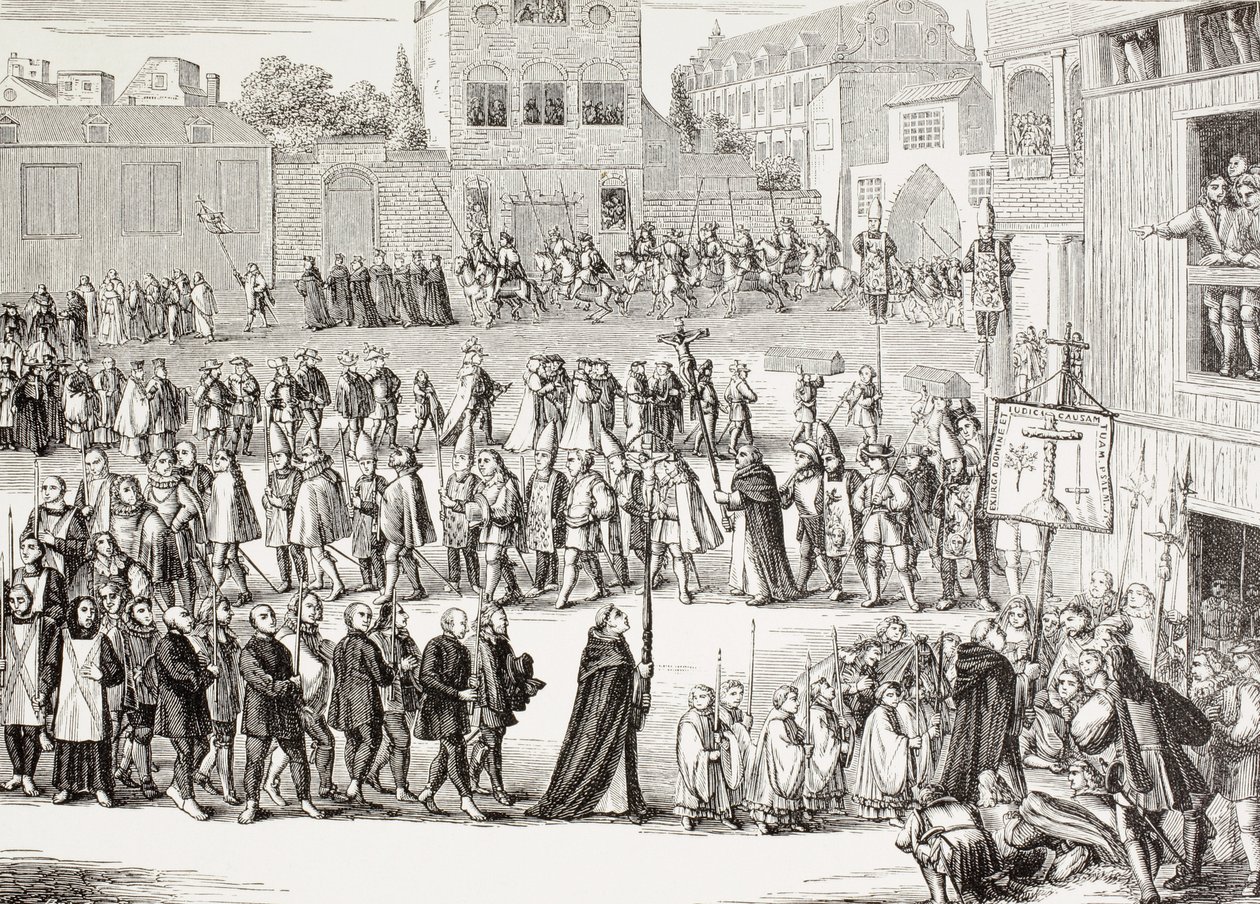 En Auto-Da-Fe, eller troshandling, procession i Spanien. Efter en gravering fra det 15. århundrede. af Paul Lacroix