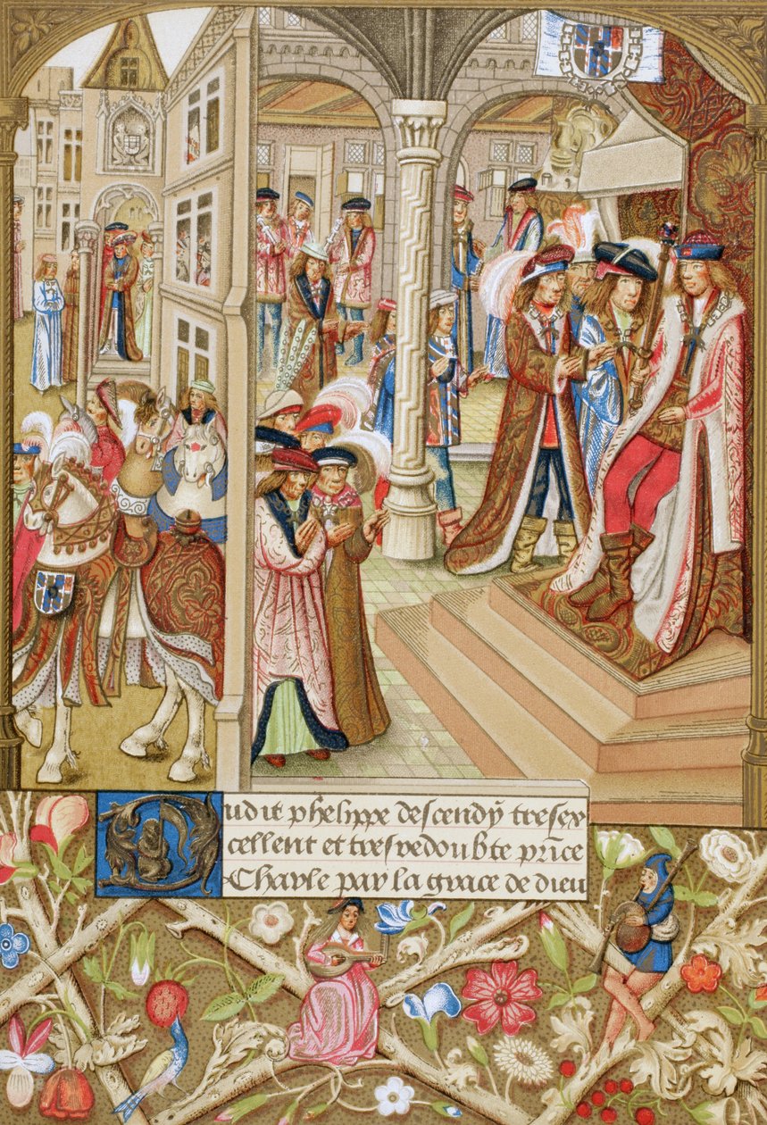 Karl den Dristige, hertug af Burgund, 1433-1477, siddende på sin trone og ledsaget af sine baroner og rådgivere. Efter et manuskript fra det 15. århundrede, Abridged Chronicles Of Burgundy. af Paul Lacroix