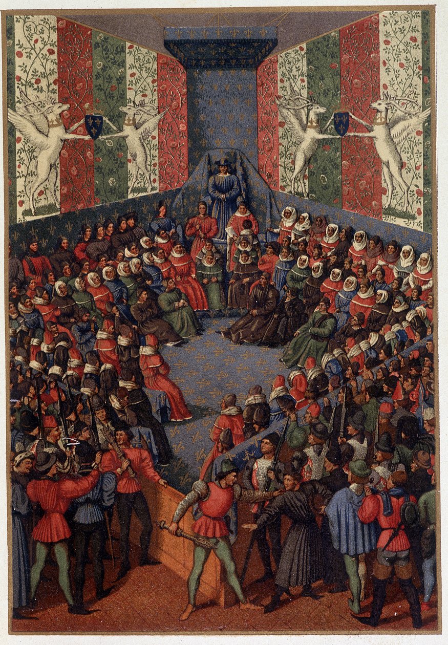 Charles VII præsiderer over dommen over John, hertug af Alencon (allieret med englænderne) i Vendome i 1458 - efter miniaturen af Fouquet, i "" Militært og religiøst liv i middelalderen og renæssancetiden" af Paul Lacroix, Paris af Paul Lacroix