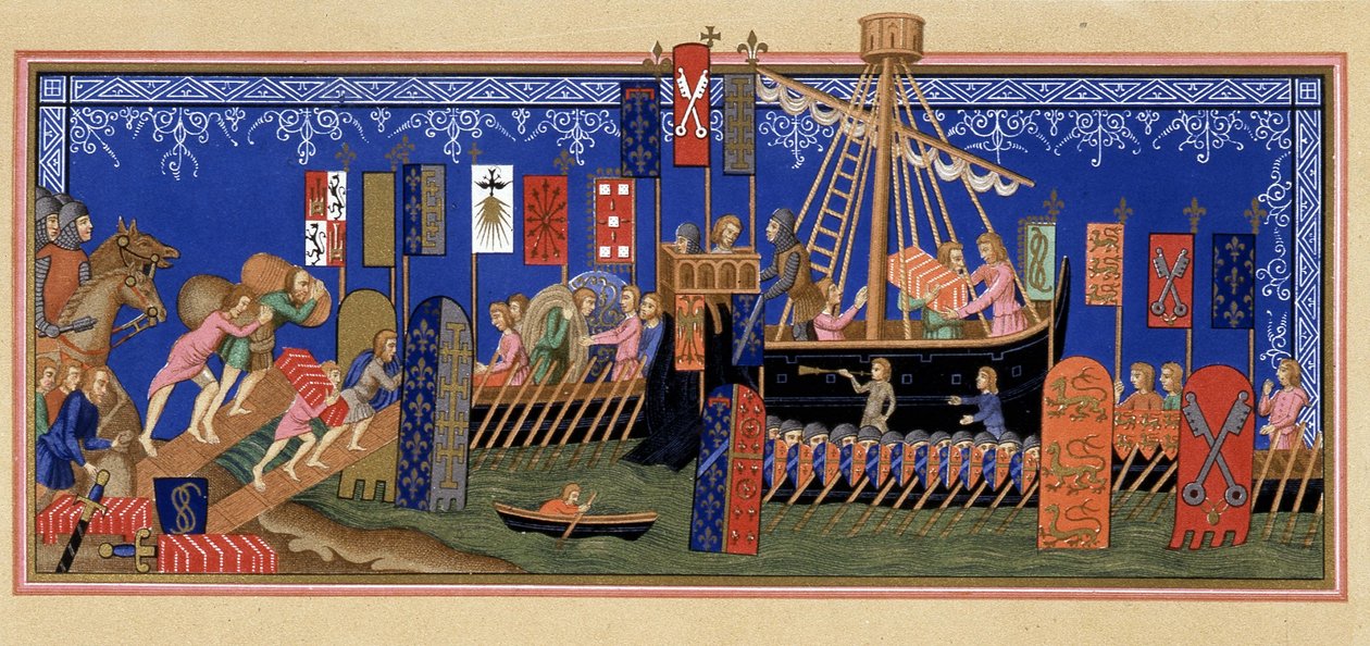 Indskibning af Helligåndsridderne til korstoget - baseret på miniature fra det 14. århundrede, i "" Militært og religiøst liv i middelalderen og i renæssancetiden" af Paul Lacroix, Paris af Paul Lacroix