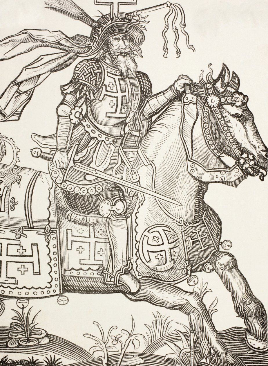 Godfrey af Bouillon, ca. 1060 - 1100, frankisk middelalderridder. En leder af det første korstog. Her ses han kronet med Kristi lidelsesredskaber. Efter et træsnit fra det 15. århundrede. af Paul Lacroix
