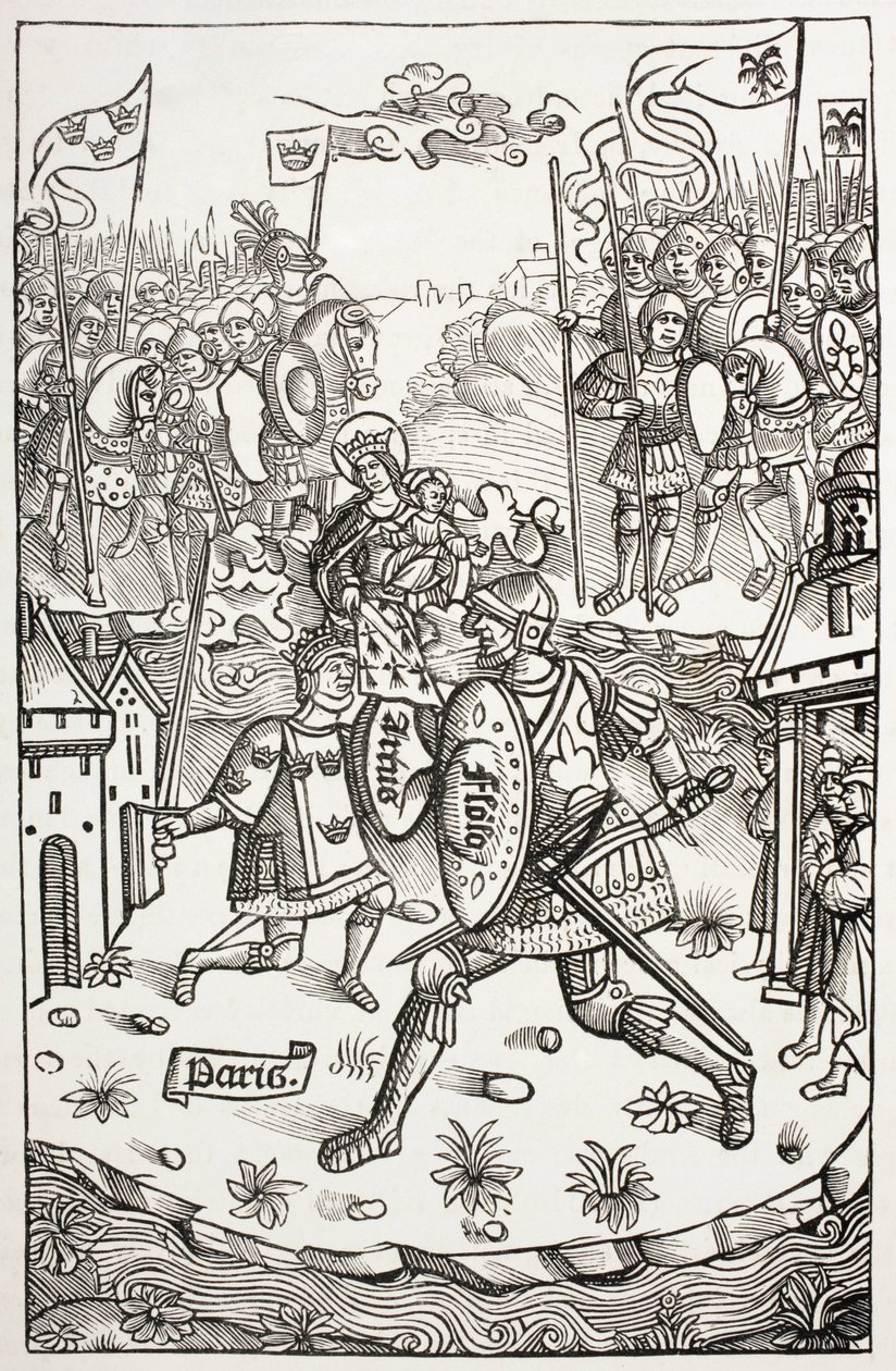 Kong Artus, eller Arthur, beskyttet af jomfruen, kæmper mod en kæmpe. Efter et træsnit i Chroniques De Bretagne af Alain Bouchard, udgivet i 1514. af Paul Lacroix