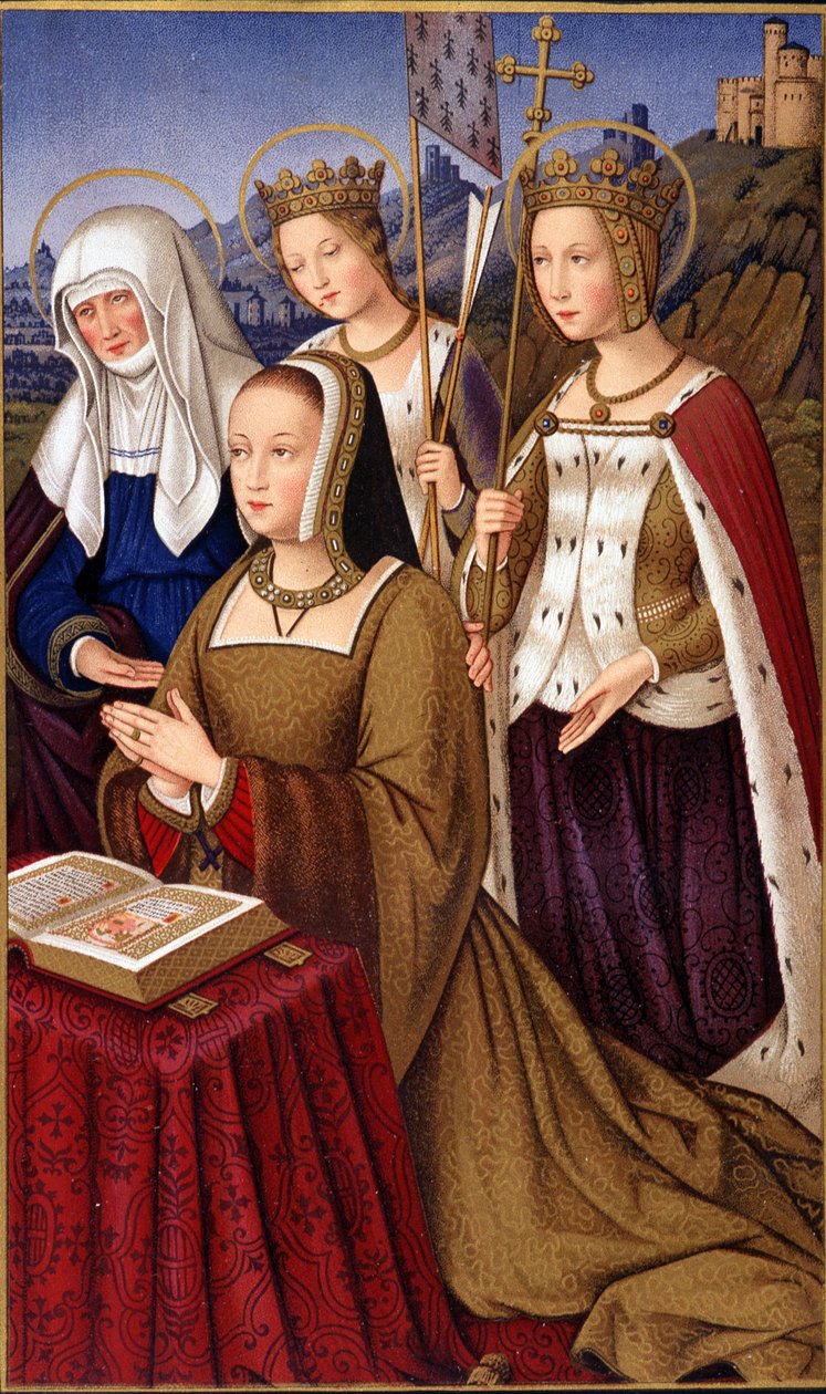 Portræt af Anne af Bretagne (1477-1514), dronning af Frankrig, i bøn med sin hellige skytshelgen Saint Anne, Saint Helene og Saint Ursule - i "" Militært og religiøst liv i middelalderen og renæssancen" af Paul Lacroix, Paris af Paul Lacroix