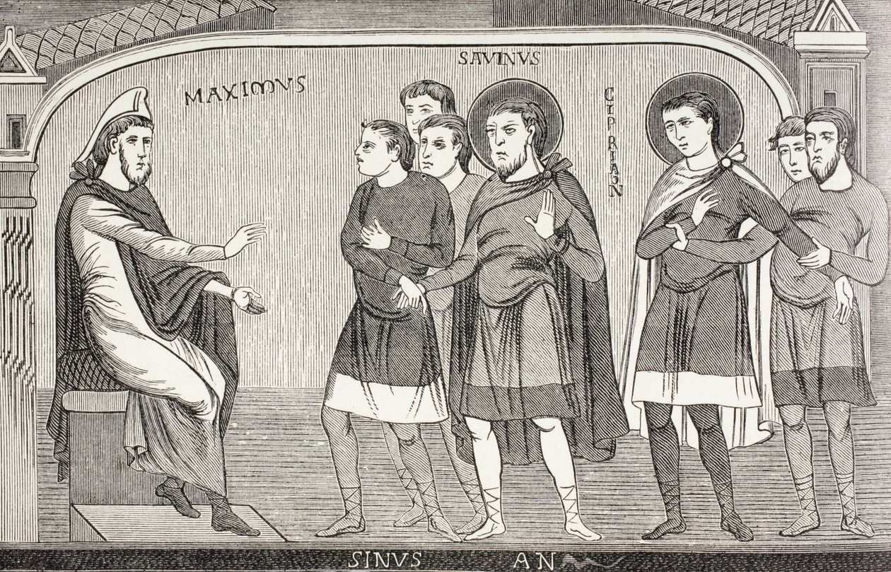 De hellige Savin og Cyprian bekender over for prokonsul Galerius Maximus, at de er kristne. Efter en fresko fra det 11. århundrede i St Savin-kirken i Vienne, Frankrig. af Paul Lacroix
