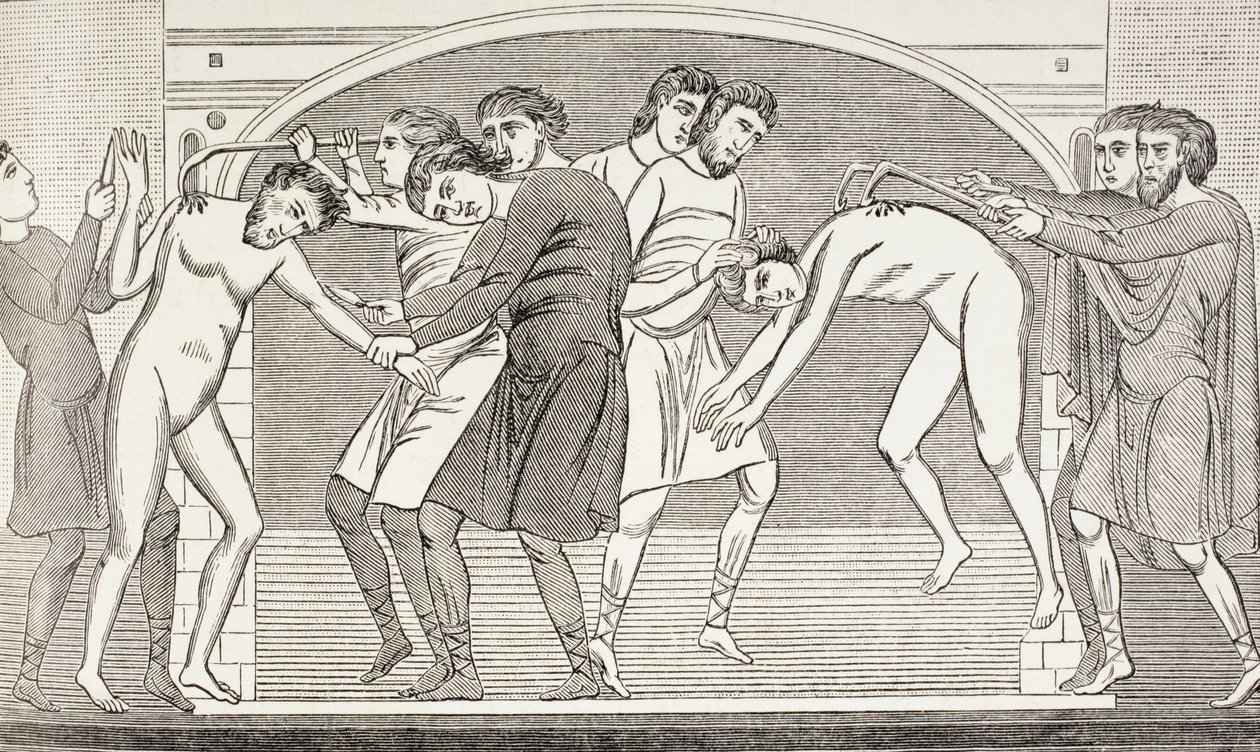 De hellige Savin og Cyprian får revet deres kød af kroppen med jernkroge. Efter en fresko fra det 11. århundrede i St Savin-kirken i Vienne, Frankrig. af Paul Lacroix