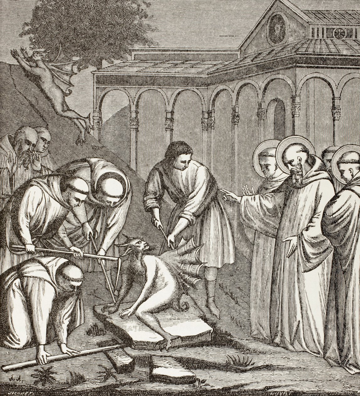 Benedikt og Djævelen. Da Benedikt var ved at bygge et kapel, sad Djævelen på en sten, og ingen kunne flytte ham, før Benedikt velsignede stenen. Så tog djævelen flugten. af Paul Lacroix